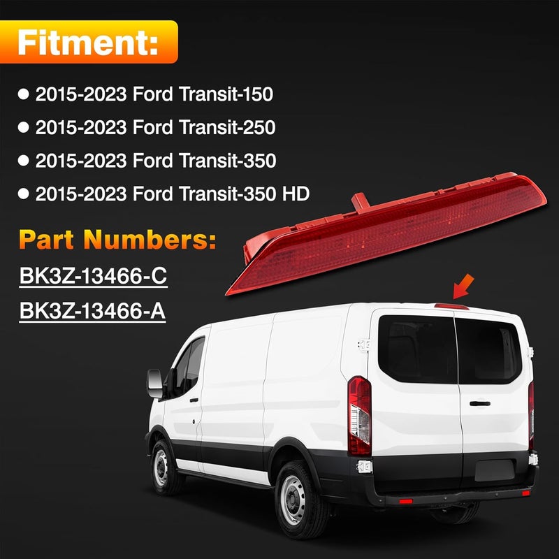 TOP-MAX LED Third Brake Light Compatible with 2015-2023 Ford Transit 150 250 350 350HD, Red Lens Rear Center High Mount 3rd Stop Lamp Replace for BK3Z-13466-C BK3Z-13466-A - Image 2